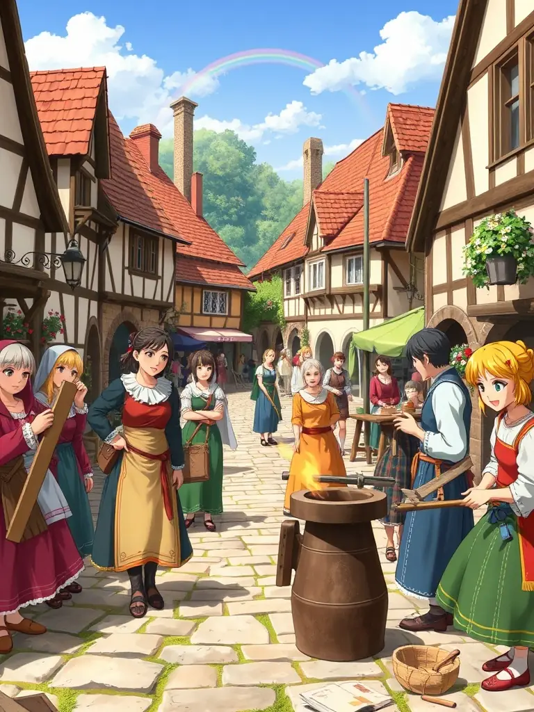 A vibrant image of a historical reenactment event in a Rouergue village square, showcasing participants in period costumes, engaging with the audience and demonstrating traditional crafts.