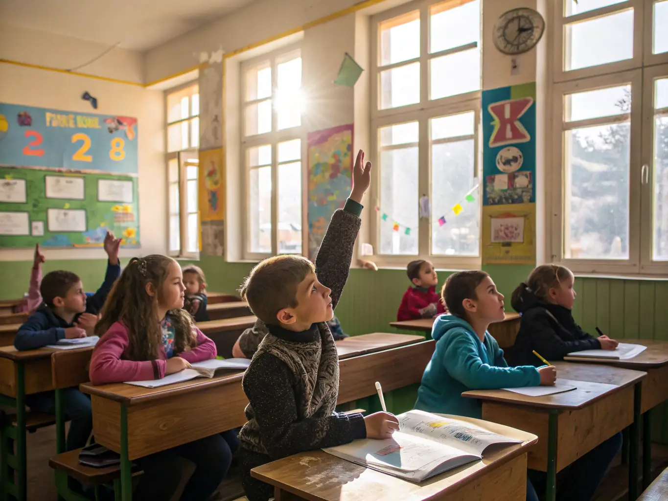 A classroom setting with children participating in an interactive workshop about the history of Rouergue, led by an educator dressed in period attire.