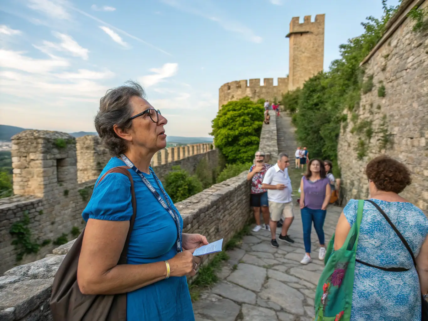 A group of tourists stands in awe before a medieval castle in Rouergue, France, with a knowledgeable guide pointing out architectural details and sharing historical anecdotes.