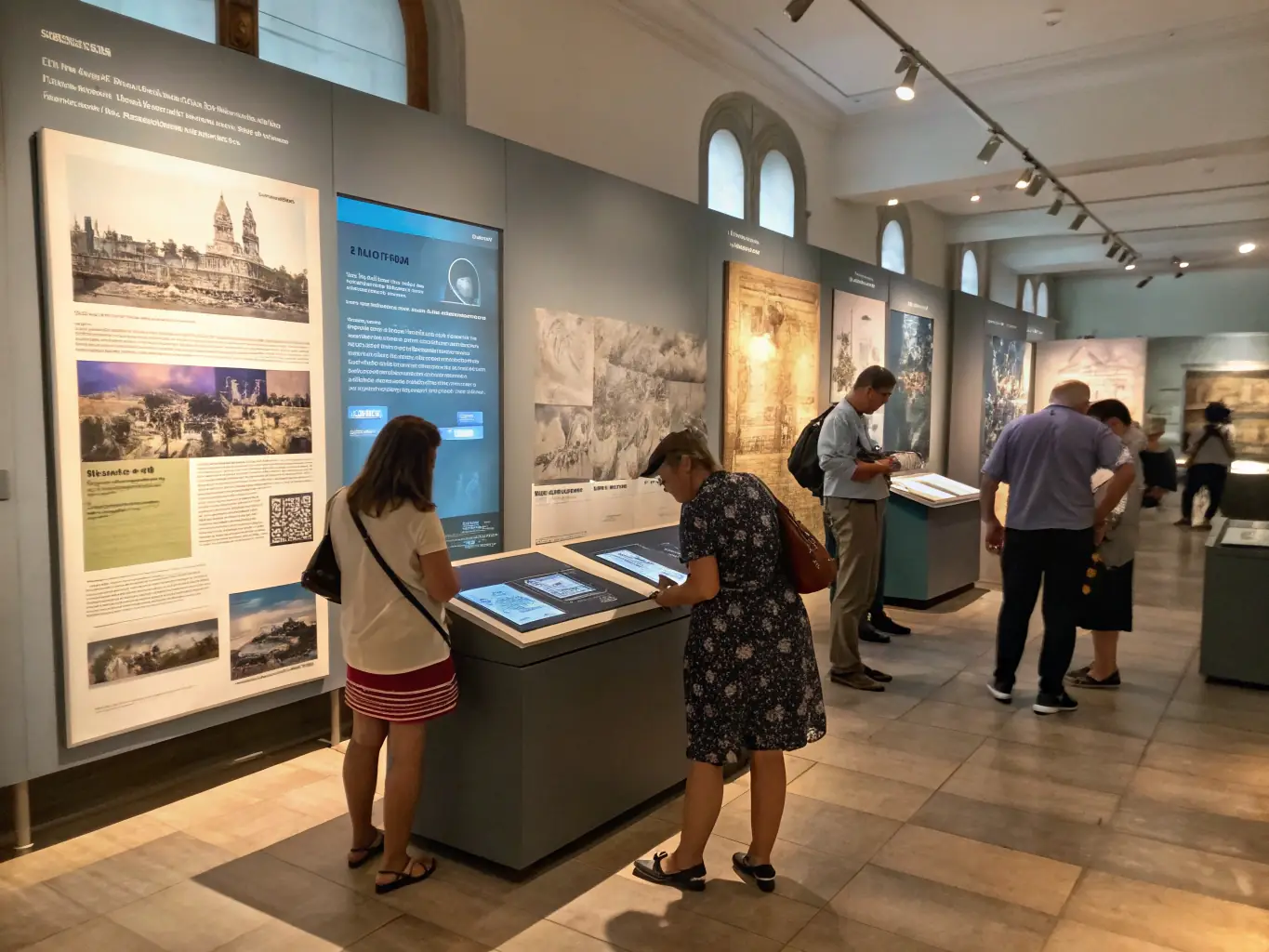 A vibrant exhibition showcasing historical artifacts and documents from the Rouergue region, with visitors examining displays and reading informational panels.