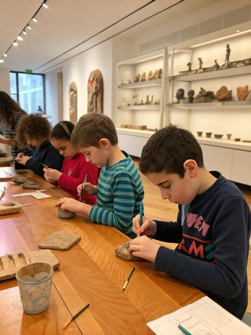 A group of children participating in an educational workshop on medieval crafts, learning traditional techniques from skilled artisans in a rustic setting.